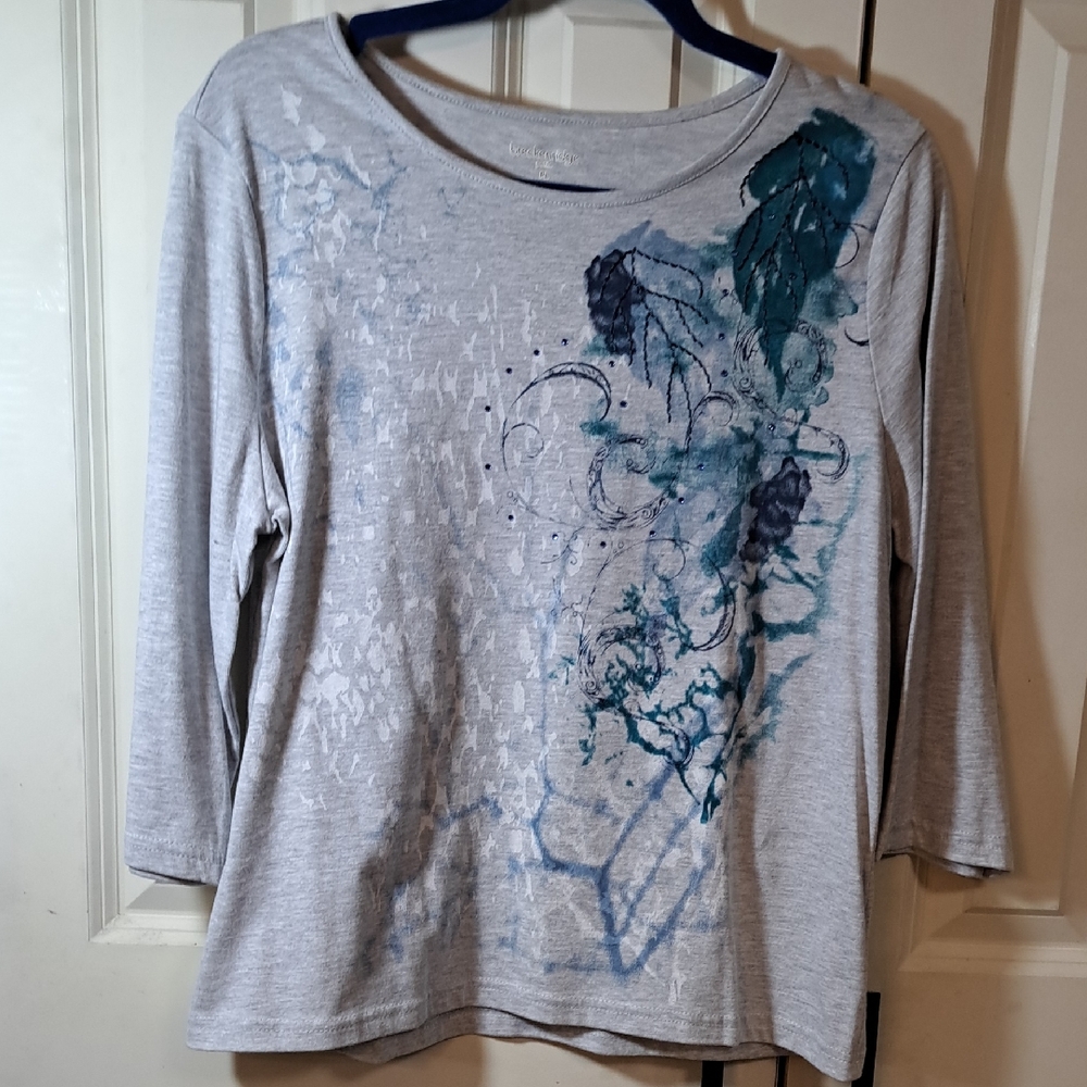 Breckenridge Artistic Gray and Teal Long Sleeve Top